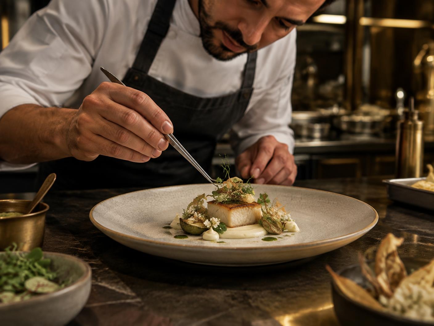 Chef finishing an intricate fine-dining plate