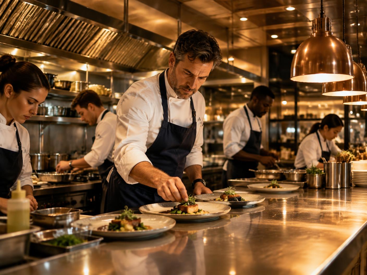 Professional culinary team working in a fine-dining kitchen